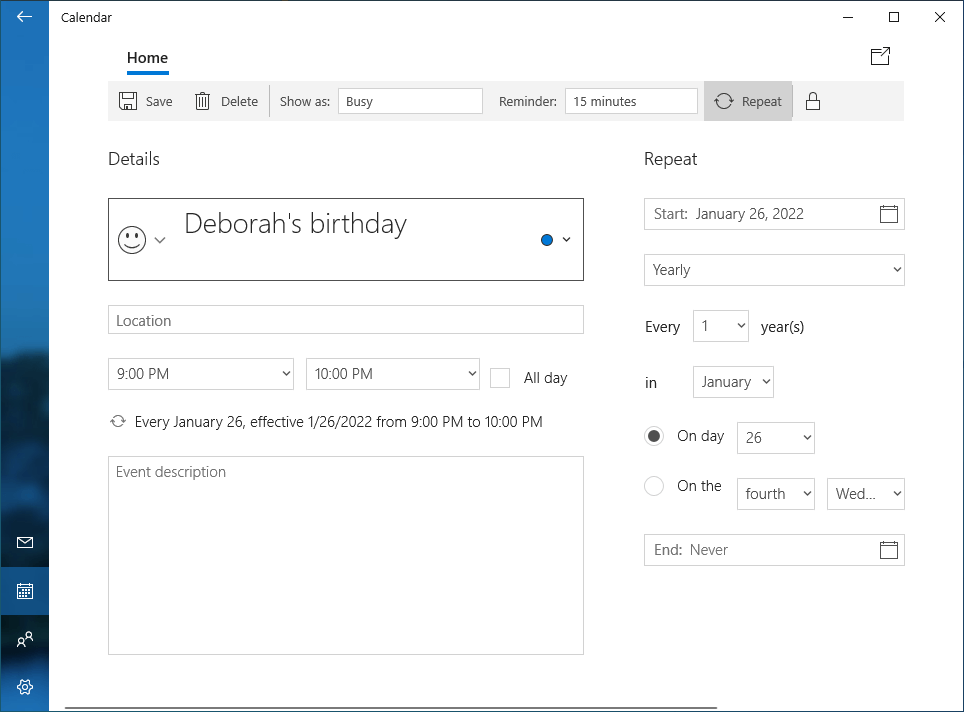how to add an event or reminder in Windows 10