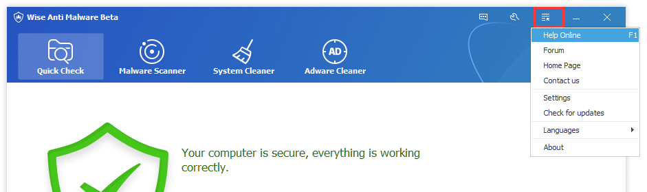 Wise Anti Malware menu