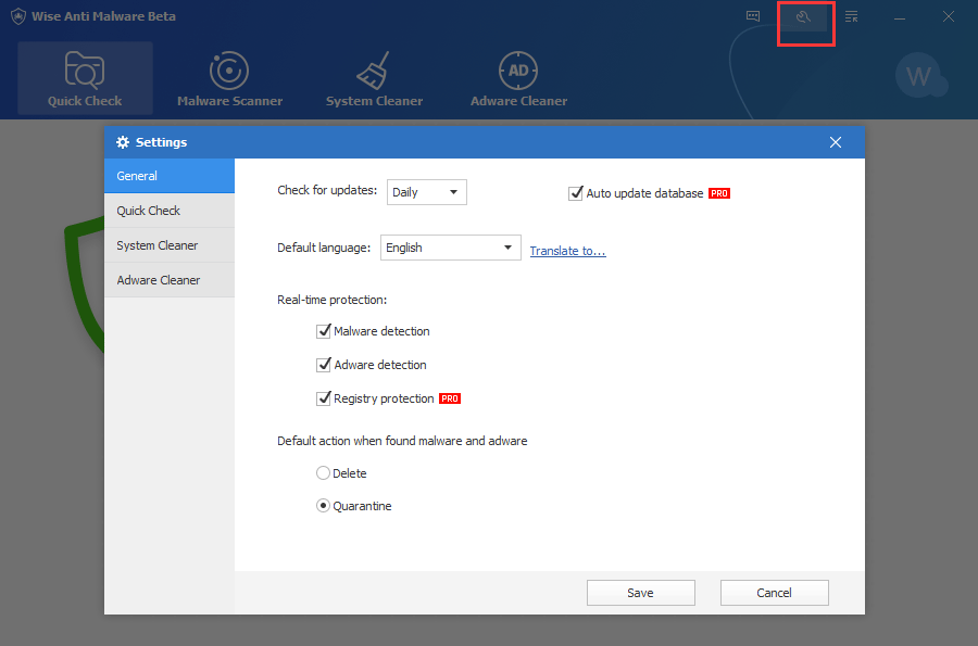 Wise Anti Malware menu