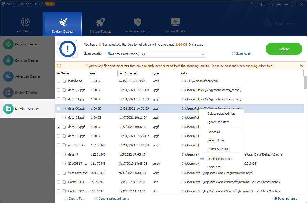 wise care 365 remove big files