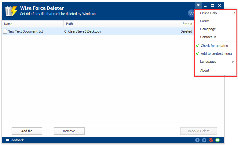 Wise Force Deleter menu