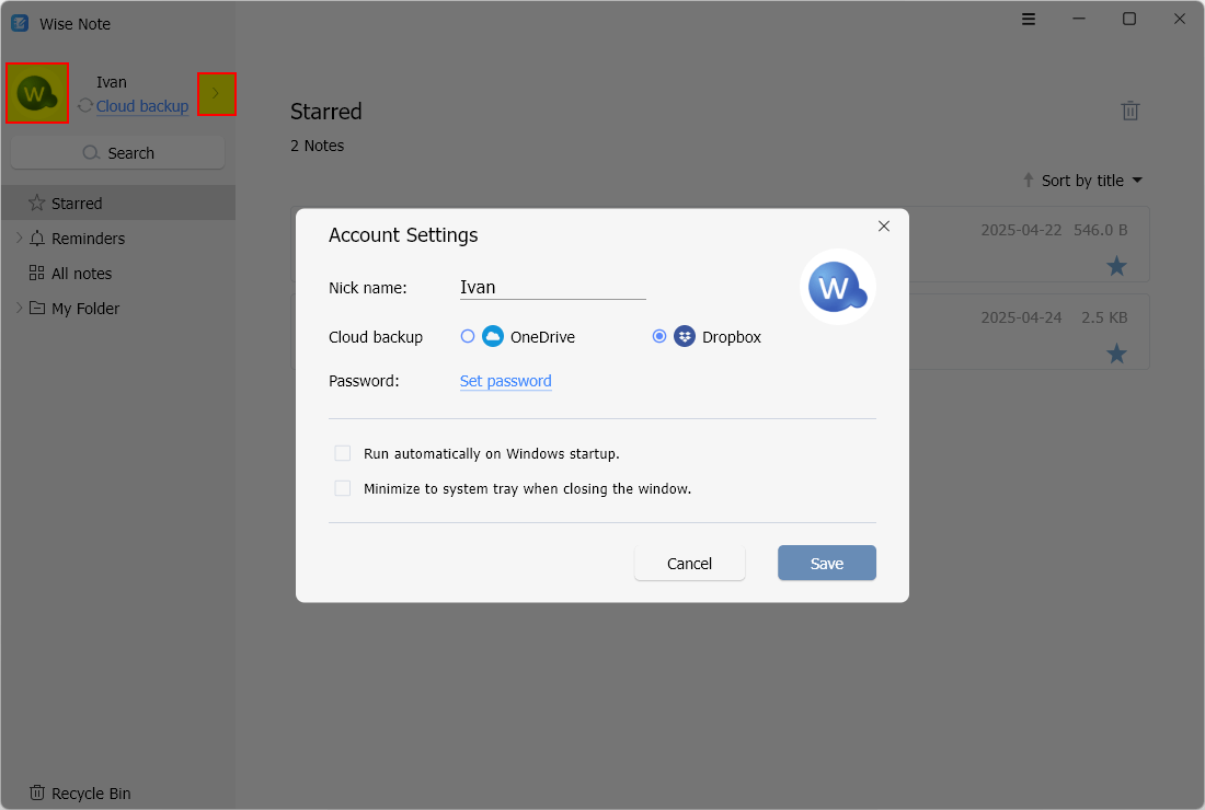 wise note account settings