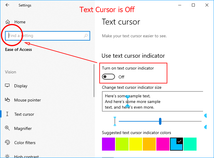 Windows 10 text cursor is off