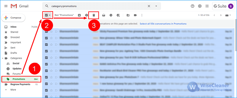 delete mails in gmail