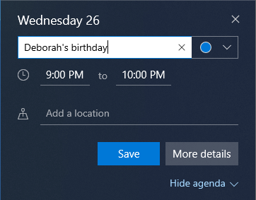 how to add an event or reminder in Windows 10