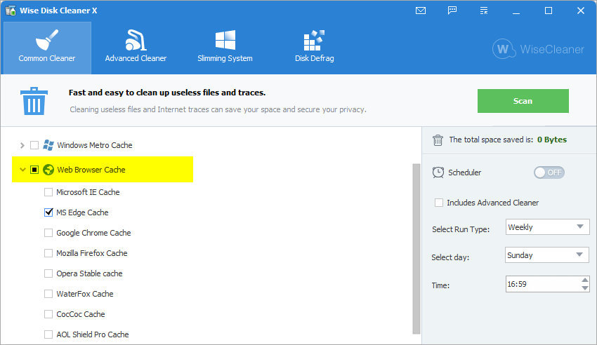 Wise Disk Cleaner delete browser metrics files