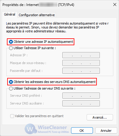 Obtenir une adresse IP automatiquement, Obtenir une adresse des serveurs DNS automatiquement