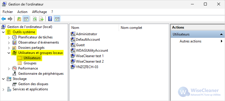 Gestion de l'ordinateur - Outils système -> Utilisateurs et groupes locaux -> Utilisateurs