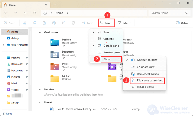 Click the View tab in File Explorer window and select Show and click File name extensions.  