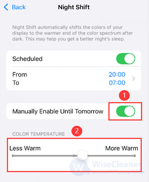 Moving the More Warm bar further reduces blue light.